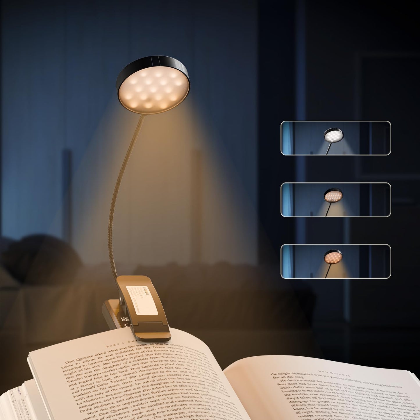 Leseleuchte mit warm leuchtendem Lichtkopf über aufgeschlagenem Buch