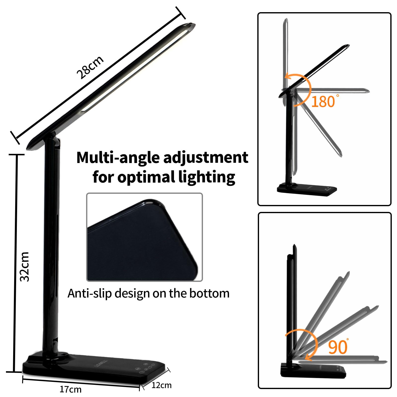LED-Tischlampe mit Multiwinkel-Verstellung, rutschfester Standfläche, Maßangaben