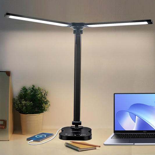 LED-Schreibtischlampe mit Doppelschwenkarm und langem Lichtbalken, schwarze Basis
