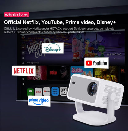 Weißer Beamer mit Standfuß und App-Startbildschirm (Netflix, YouTube, Prime Video)