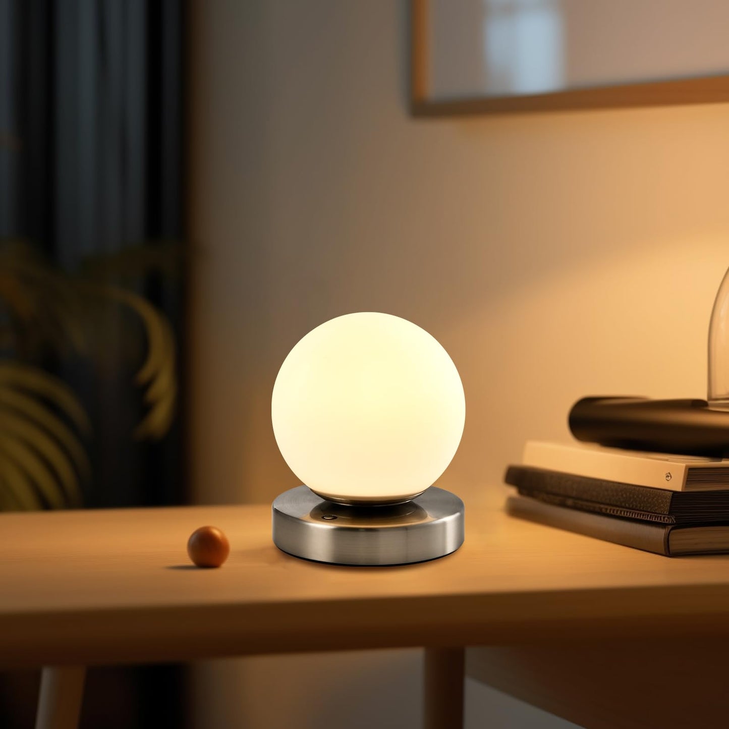 Kugelförmige Tischlampe mit warmweißem Opalglaskörper auf silberner runder Basis