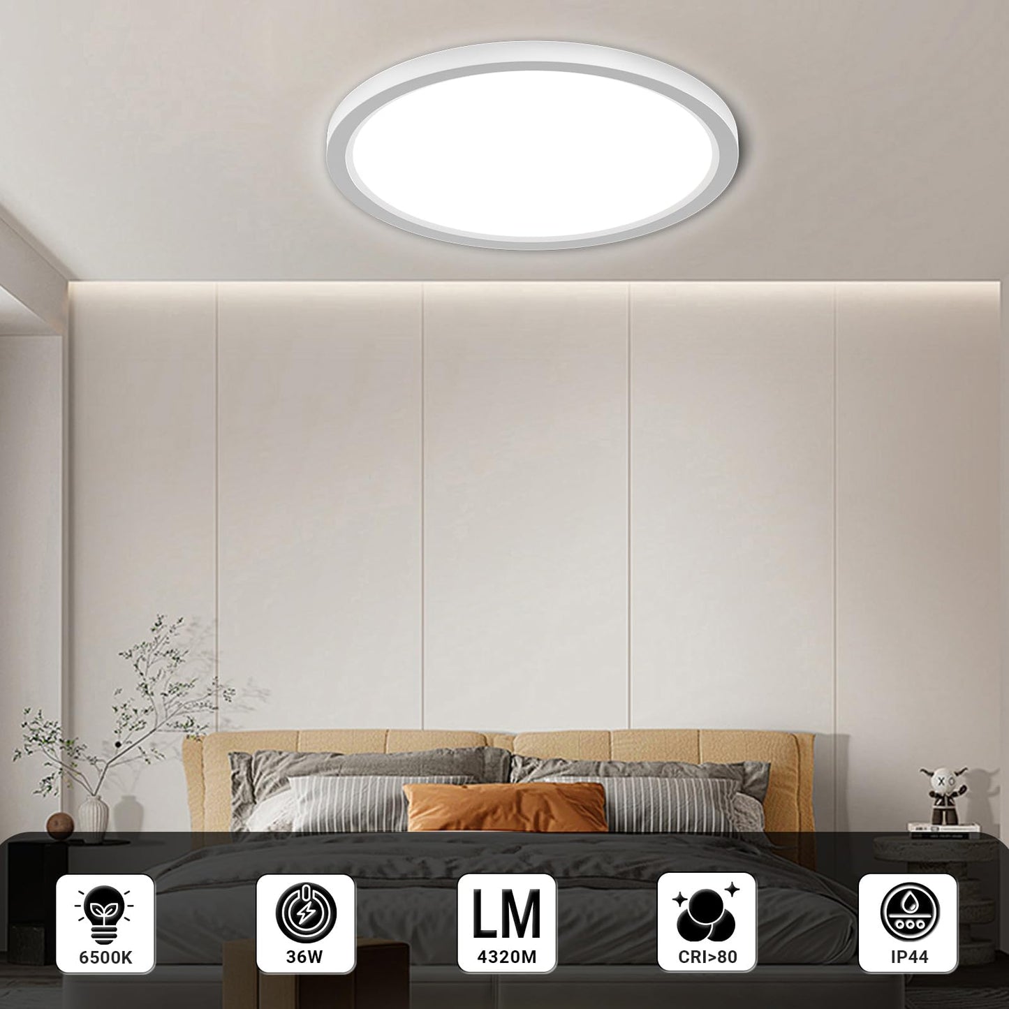 Runde LED-Deckenleuchte mit Symbolen für 36 W, IP44 und CRI am Rand