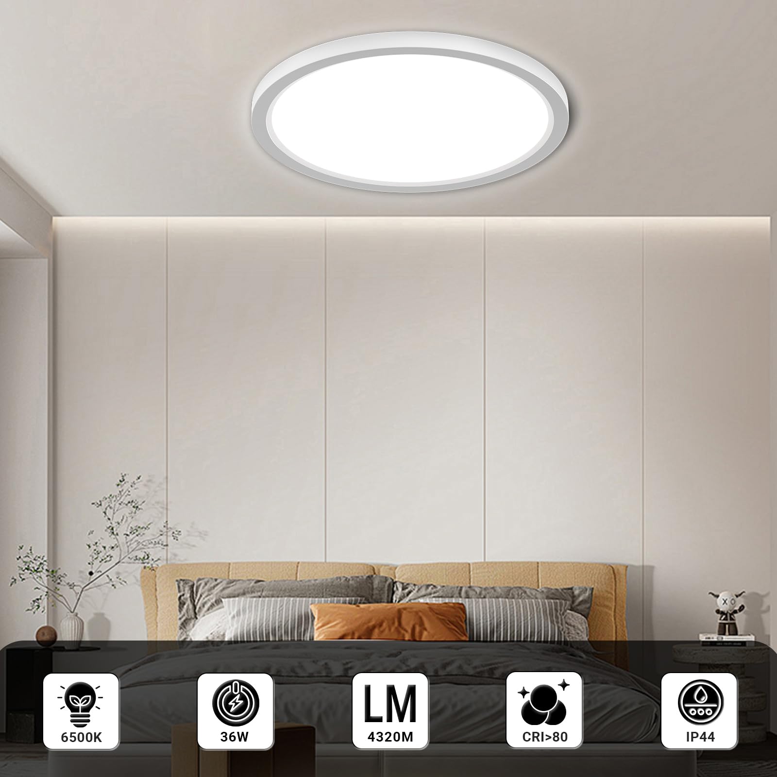 Runde LED-Deckenleuchte mit Symbolen für 36 W, IP44 und CRI am Rand