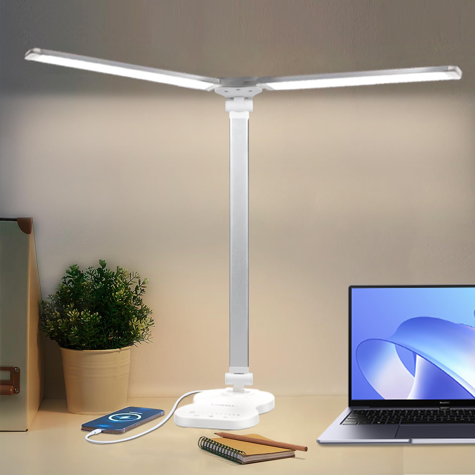 Weiße LED-Schreibtischlampe mit Doppelschwingarm und schmalen Lichtbalken auf Sockel