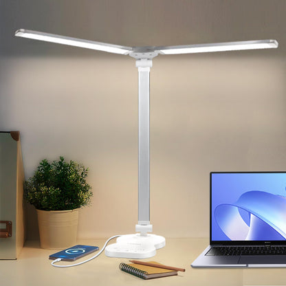 Weiße LED-Schreibtischlampe mit Doppelschwingarm und schmalen Lichtbalken auf Sockel