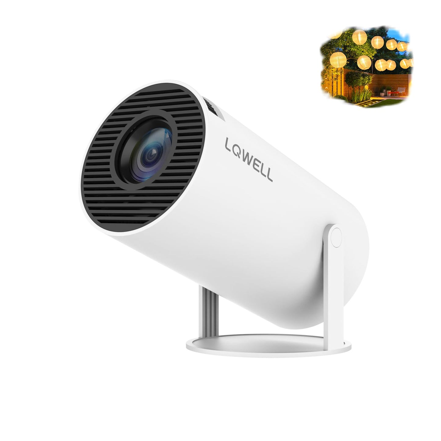 LQWELL® Mini-Beamer mit weißem Gehäuse und schwarzem Linsenbereich, schräg auf Ständer