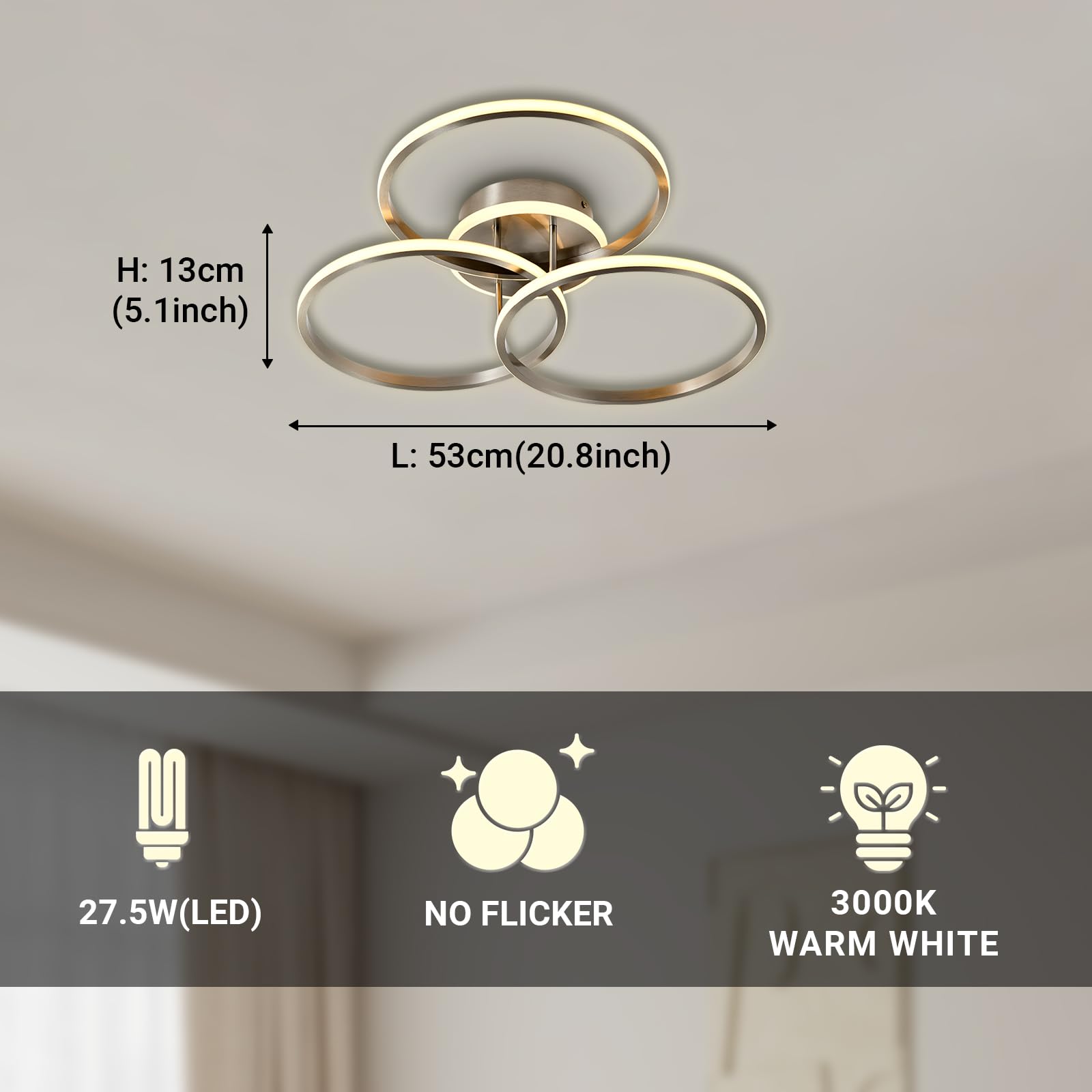 LED-Deckenleuchte mit drei ringförmigen Lampenschirmen, Maßangaben zur Größe.