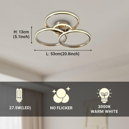 LED-Deckenleuchte mit drei ringförmigen Lampenschirmen, Maßangaben zur Größe.