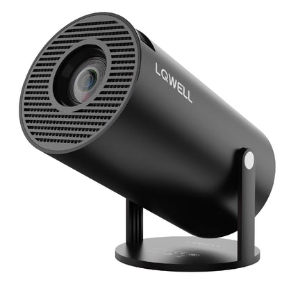 LQWELL® Mini-Beamer: schwarzes zylindrisches Gehäuse mit Frontlinse und Standfuß