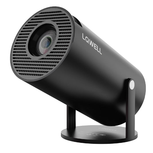 LQWELL® Mini-Beamer: schwarzes zylindrisches Gehäuse mit Frontlinse und Standfuß