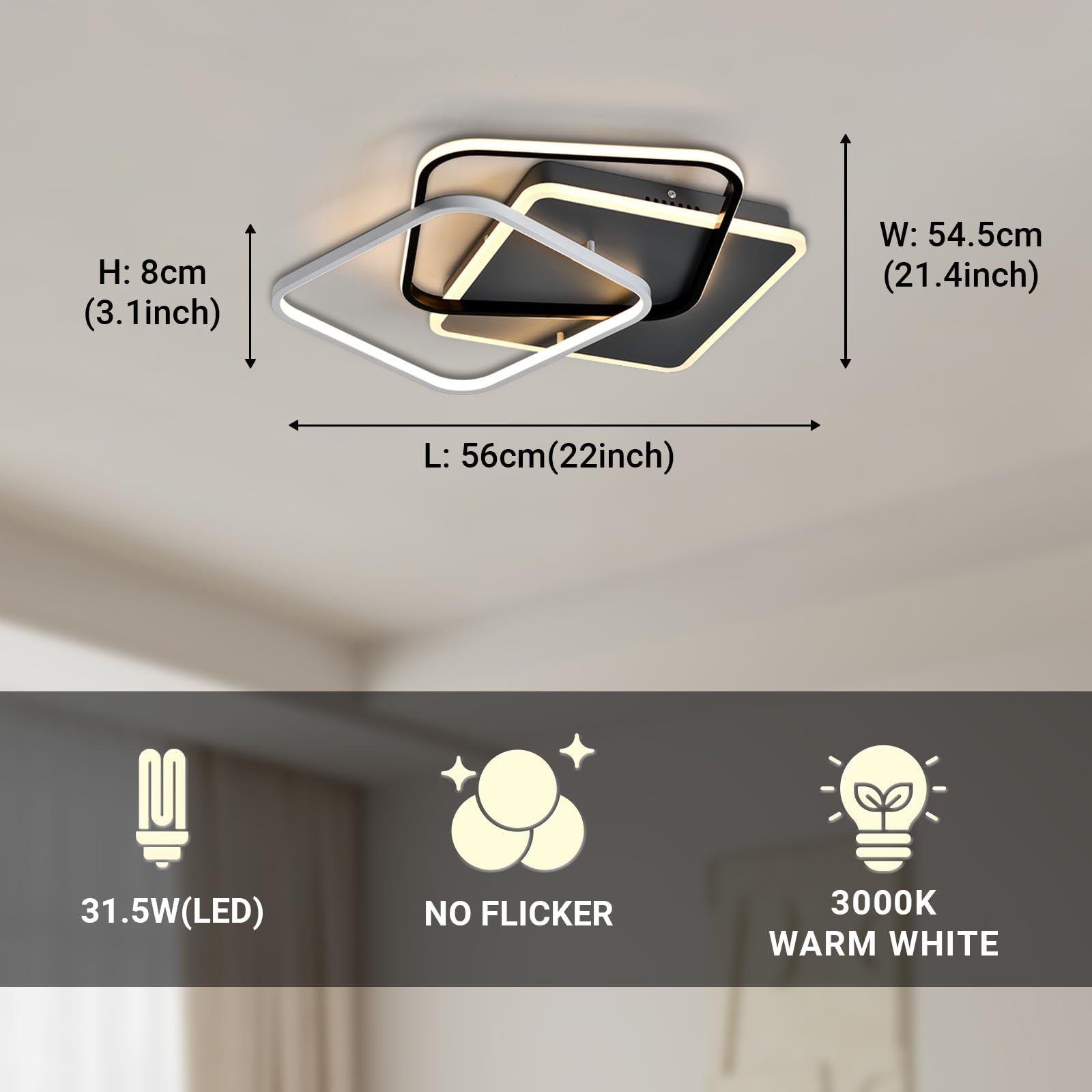 LED-Deckenleuchte mit Maßangaben, quadratisches Design in Schwarz und Weiß