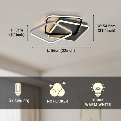 LED-Deckenleuchte mit Maßangaben, quadratisches Design in Schwarz und Weiß