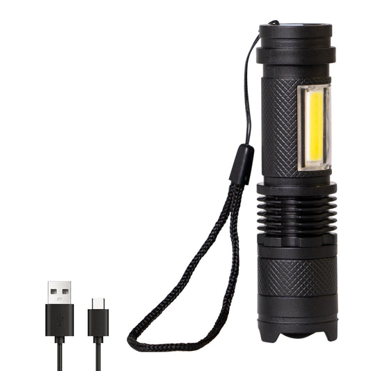 Mini-LED-Taschenlampe in Schwarz mit Kordel, COB-LED im Kopf und USB-Anschluss