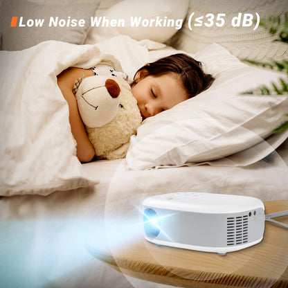 Mini-Beamer in Weiß auf Holzfläche mit Projektion im Schlafzimmer