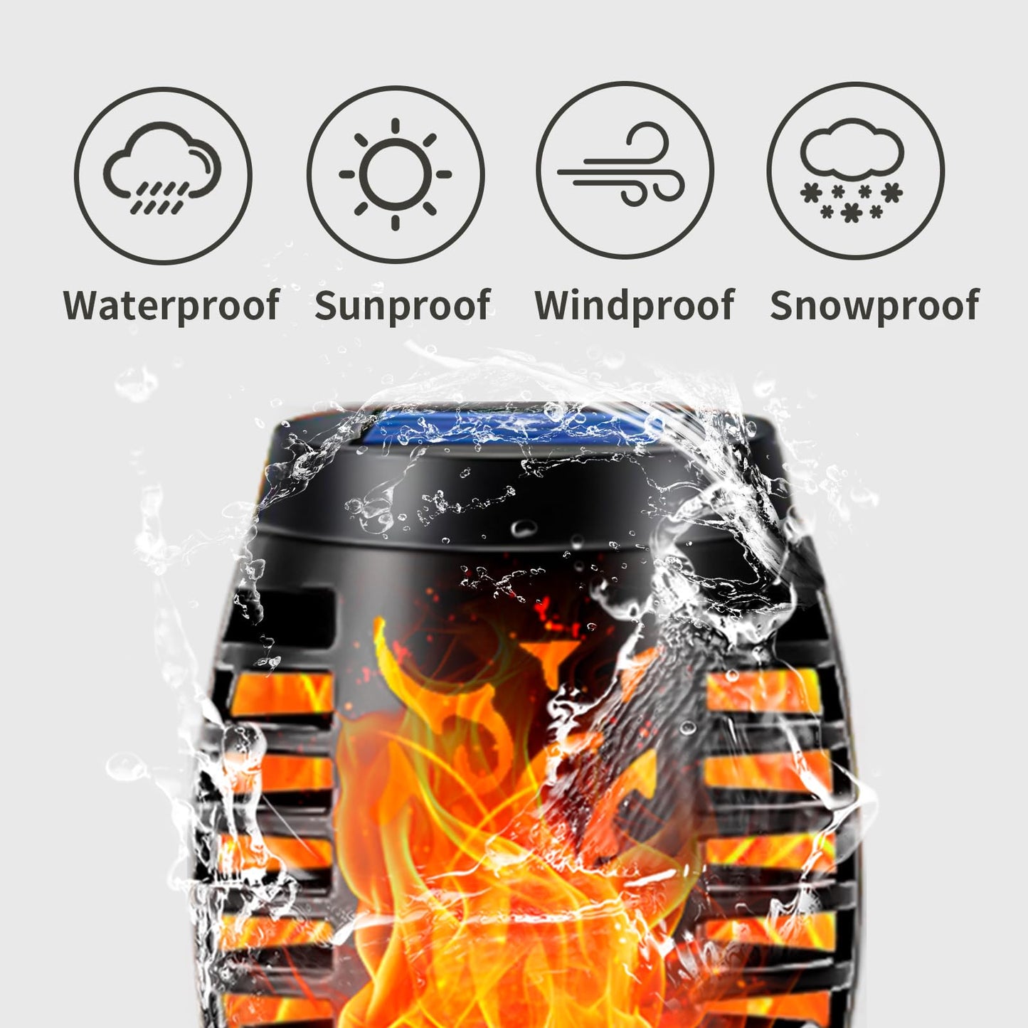 Solar-Fackelleuchte mit Flammen-LEDs, von Wasser umgeben, schwarzer Reflektor