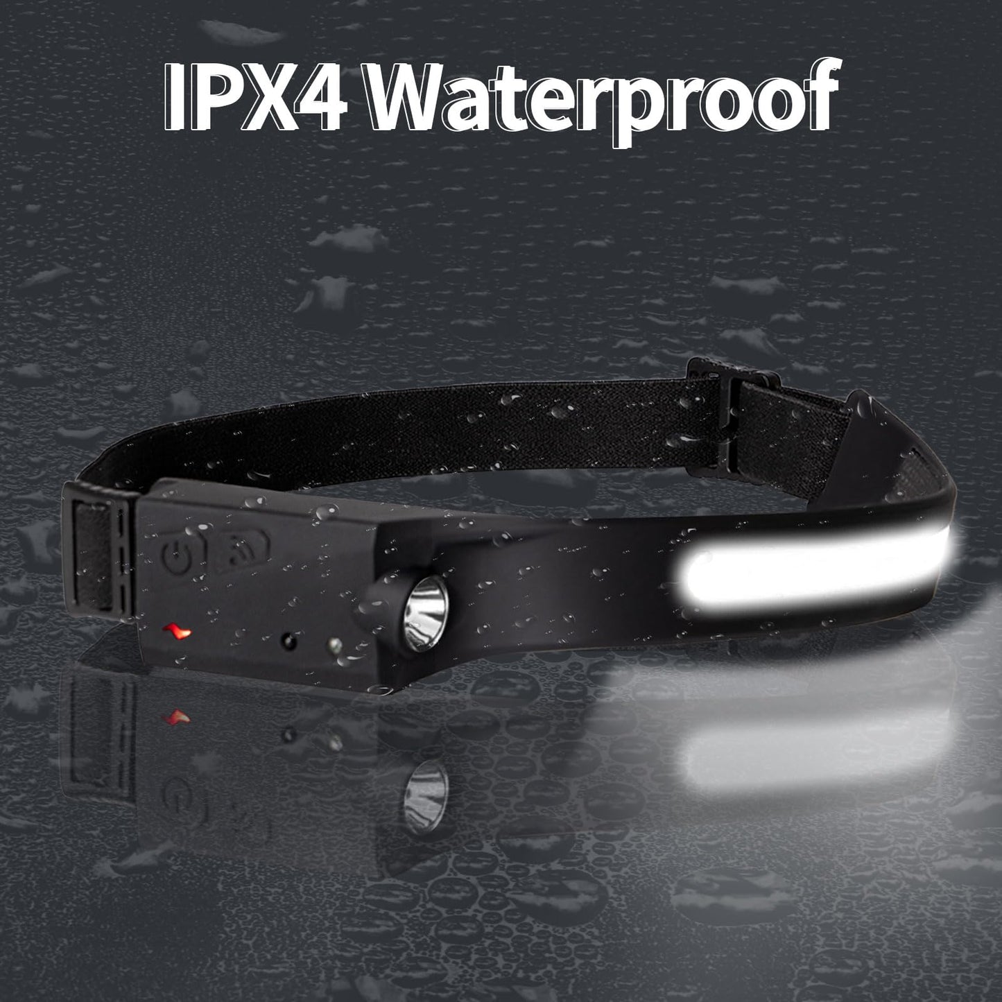 LQWELL® Stirnlampe spritzwassergeschützt (IPX4), schwarze Front mit LED-Leuchtbalken