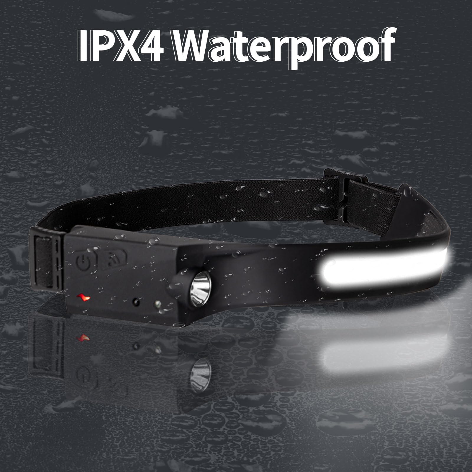 LED-Stirnlampe mit Tropfenoptik am Gehäuse und leuchtender Frontleiste.