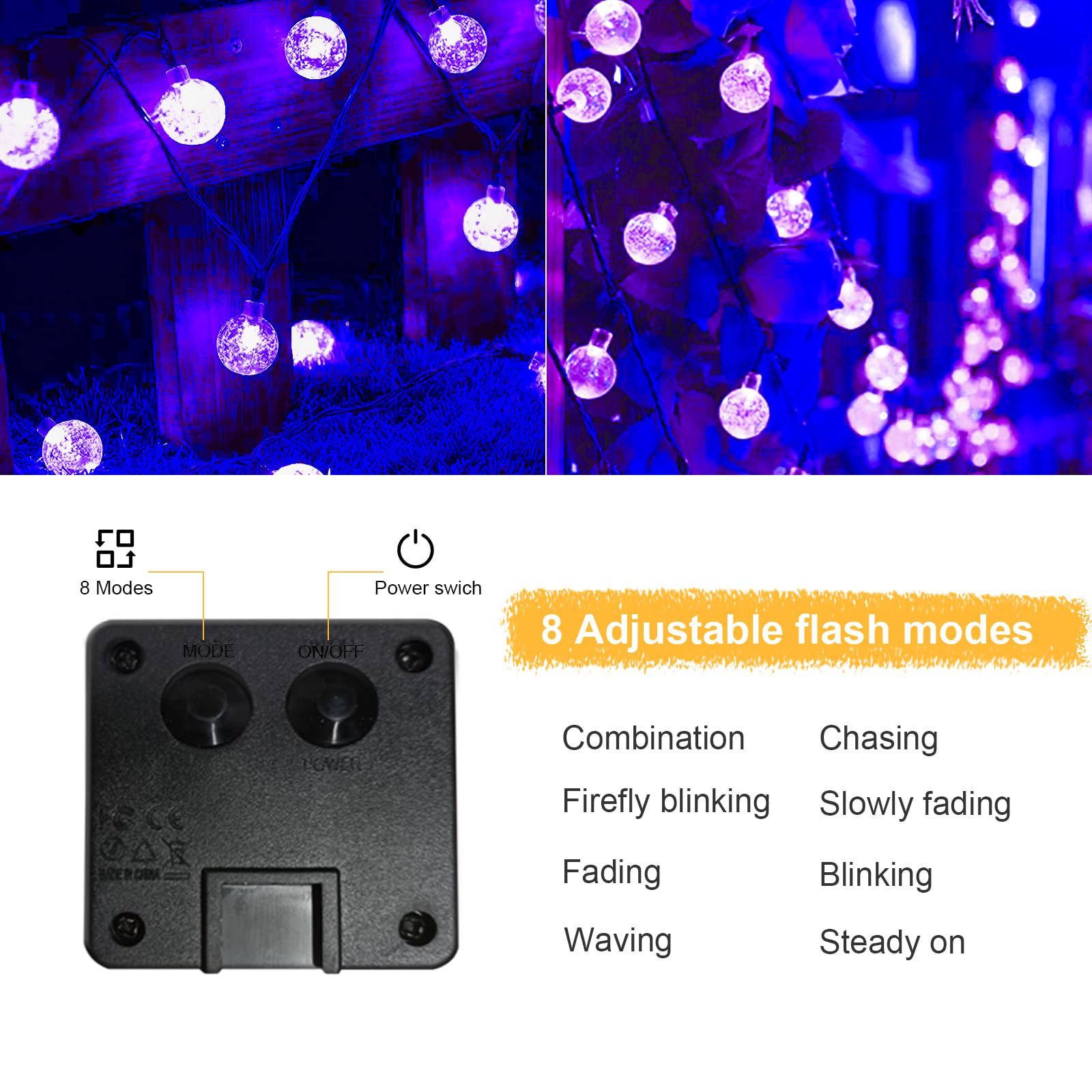 Solar-Lichterkette mit violetten Glaskugeln, 8 Lichtmodi per Steuerbox
