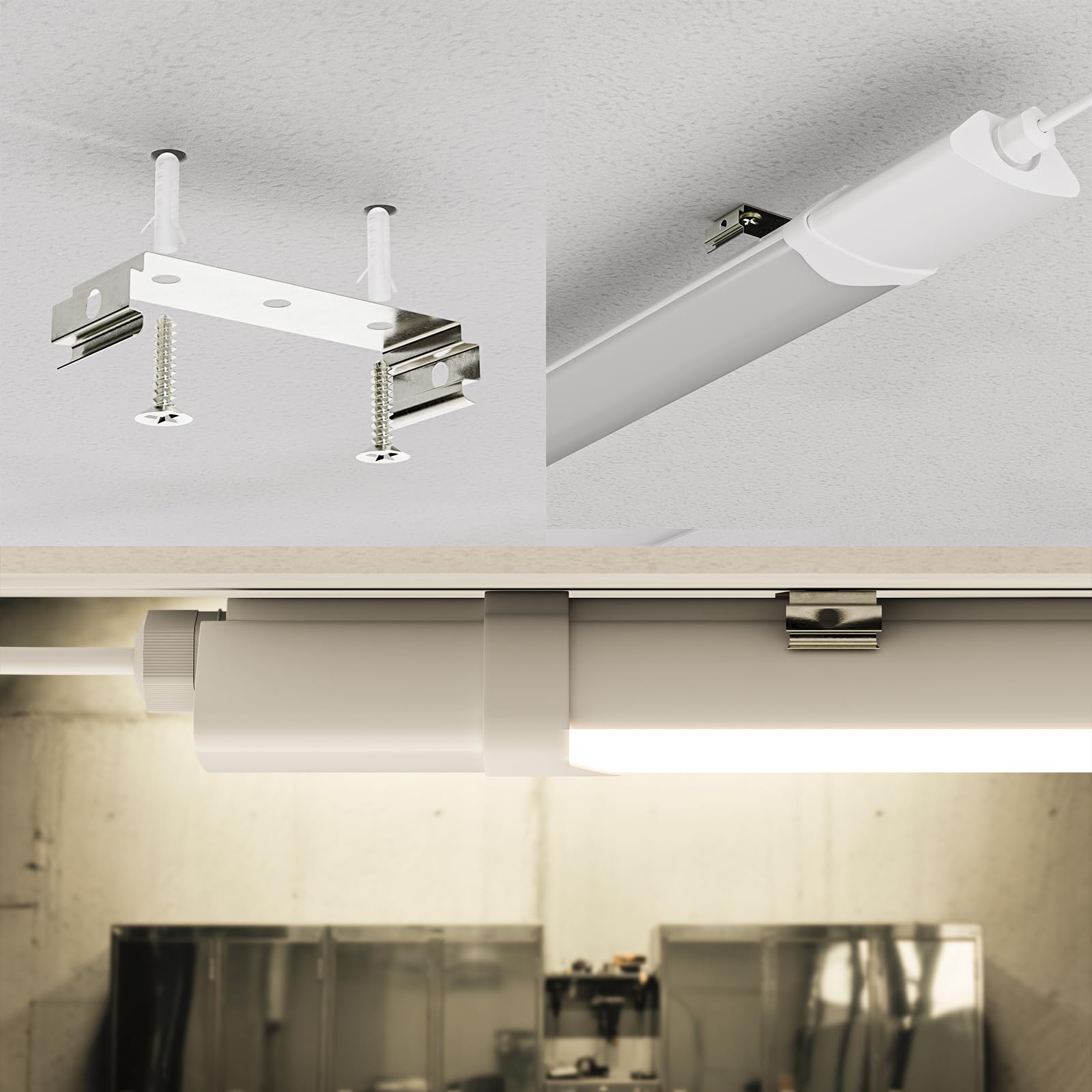 LED-Feuchtraumleuchte mit Montagehalterungen an der Decke, längliches Gehäuse