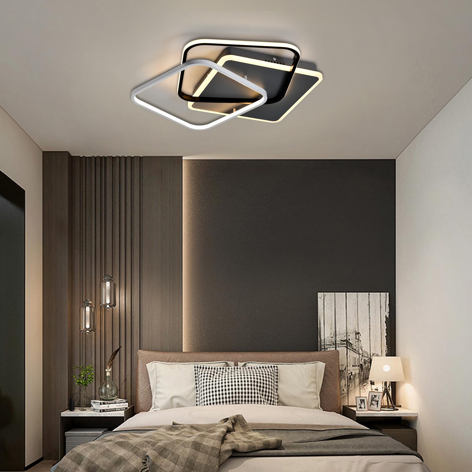 LED-Deckenleuchte über Bett, quadratisches Design mit schwarz-weißem Rahmen