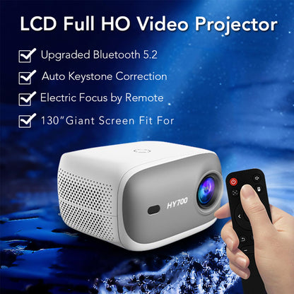 HY700 LCD-Heimkino-Projektor mit Fernbedienung, Front mit farbiger Linse