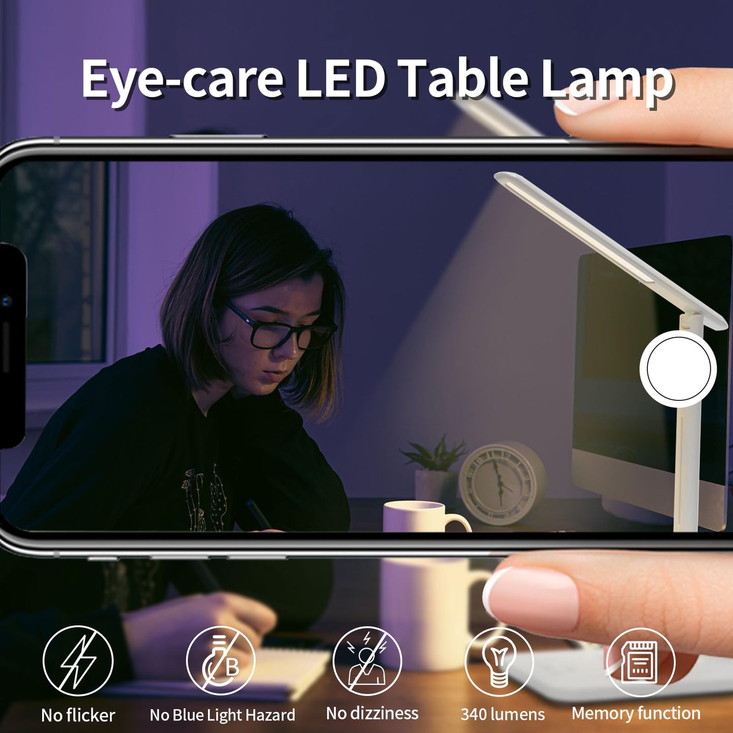 LED-Tischlampe mit Touch-Bedienfeld am Fuß und seitlichem Leuchtkopf, augenschonendes Licht.