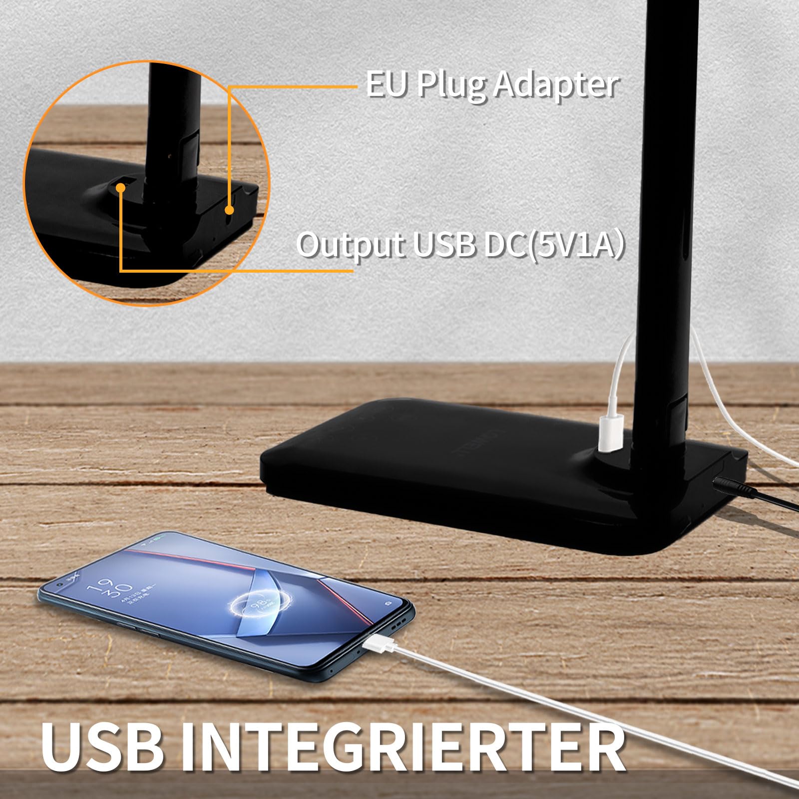 LED-Tischlampe mit integriertem USB-Anschluss zum Laden, Ladekabel am Fuß