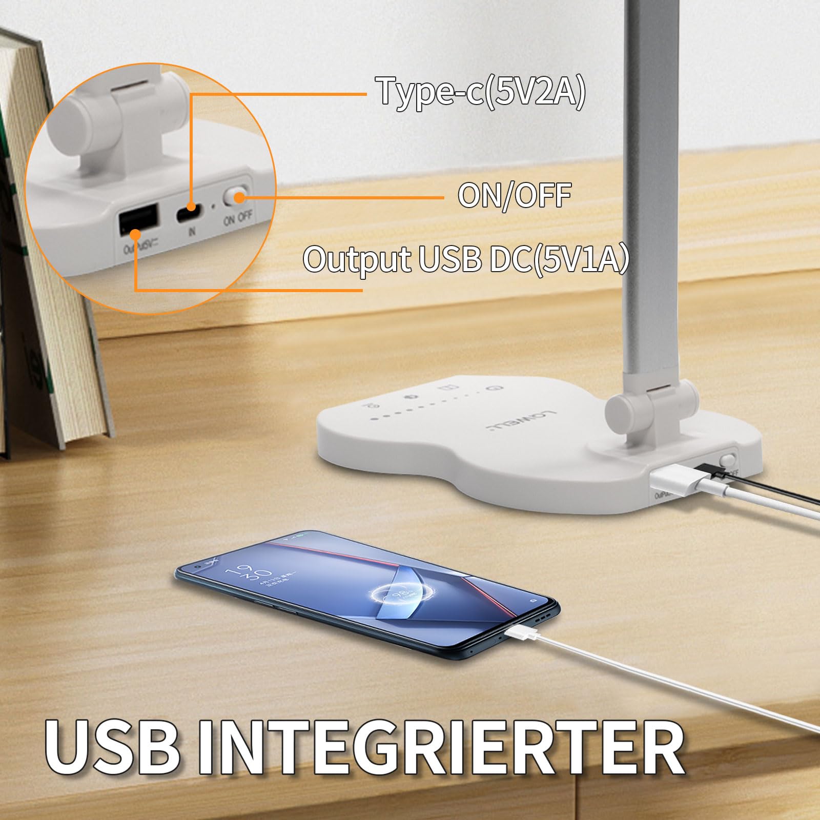 Weiße Tischlampe mit Fußbasis und USB-Anschluss, Smartphone per Kabel verbunden