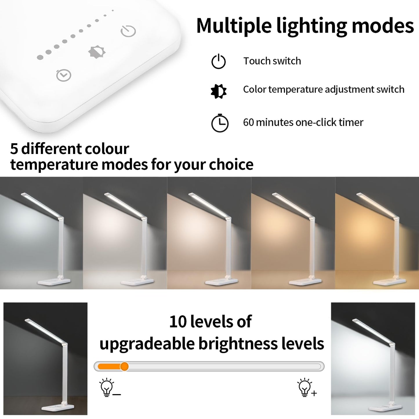 Weiße LED-Schreibtischlampe mit Touch-Schalter und einstellbaren Lichtstufen auf dem Tisch
