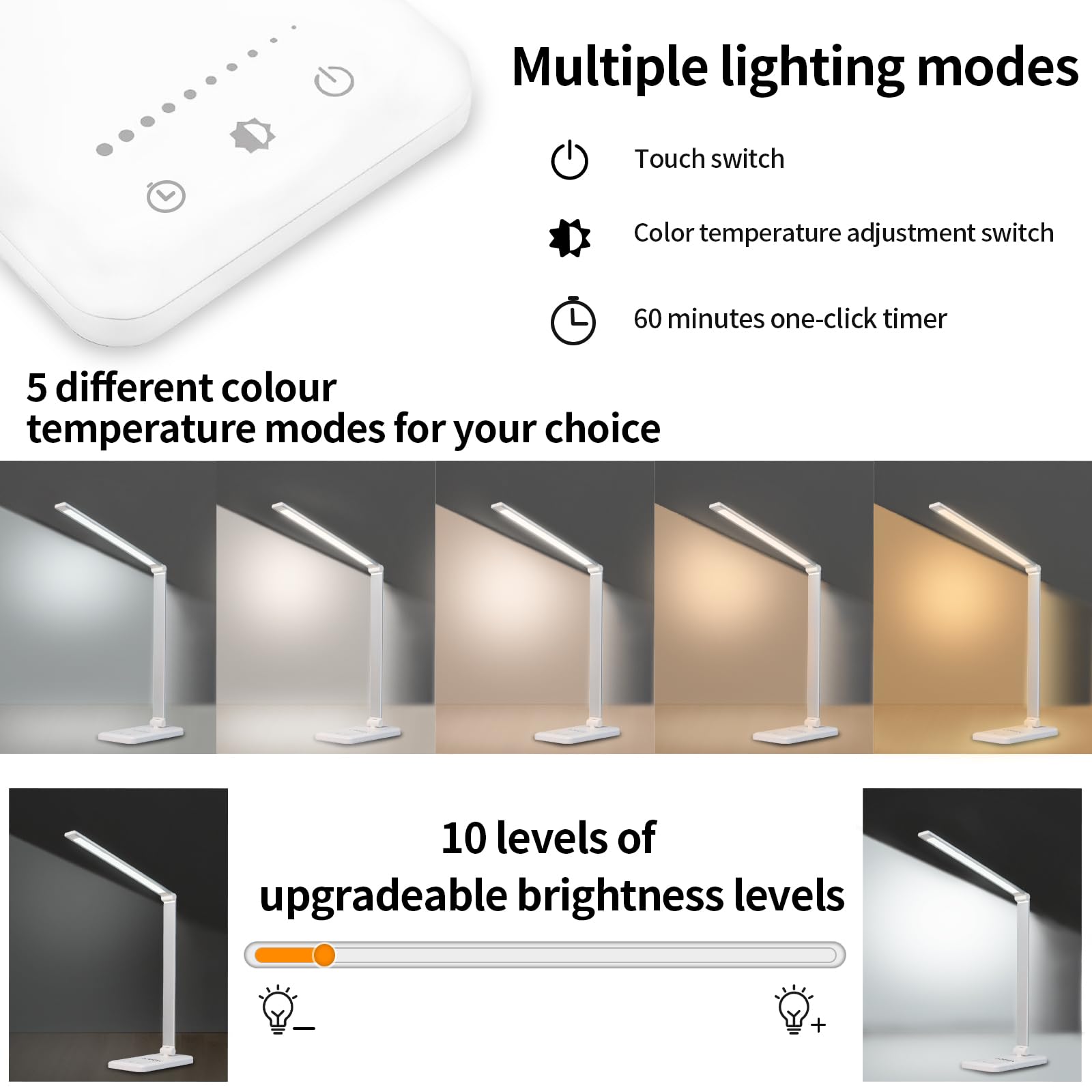 Weiße LED-Schreibtischlampe mit Touch-Schalter und einstellbaren Lichtstufen auf dem Tisch