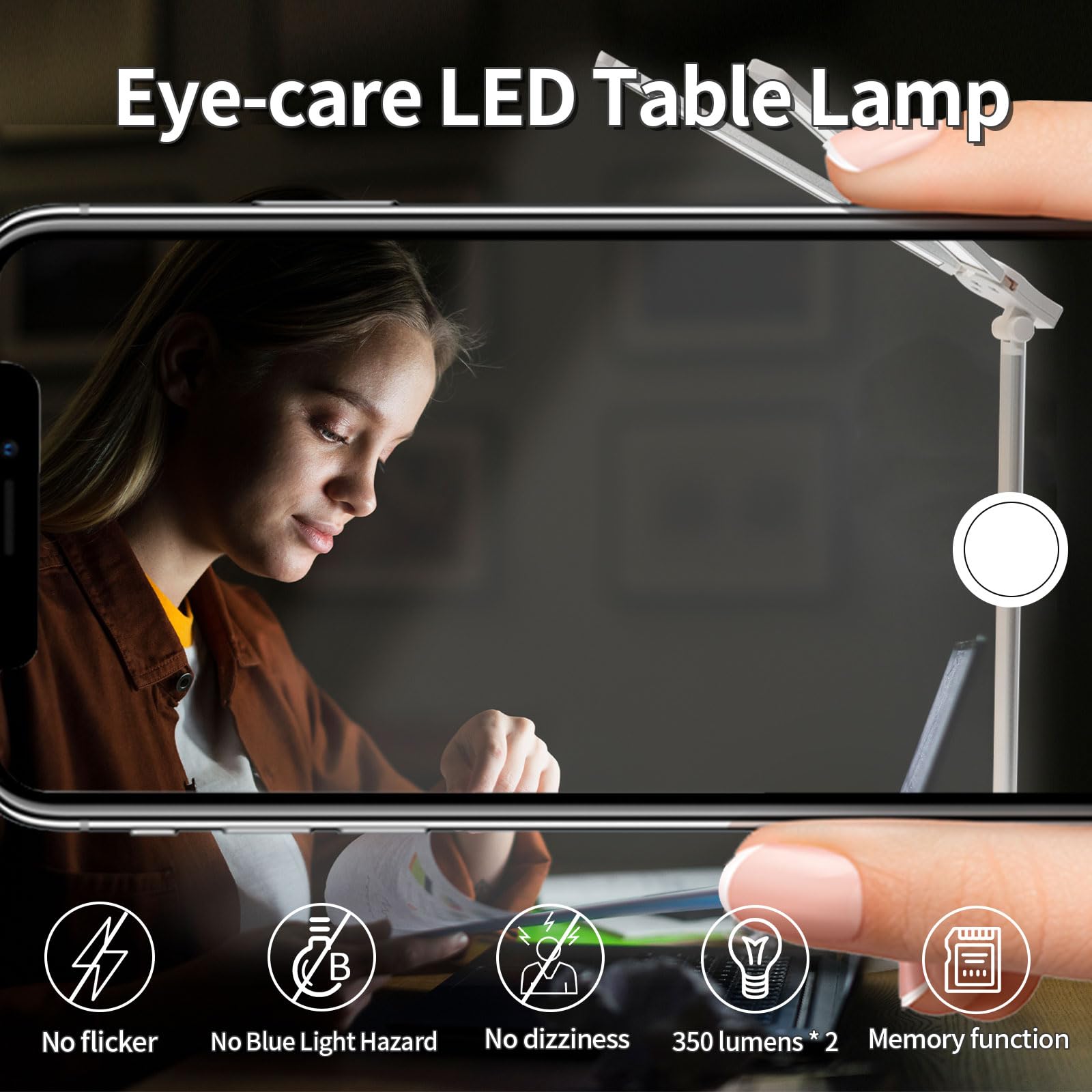 Weiße LED-Schreibtischlampe mit Touch-Schalter am Sockel und schmalem Lichtarm
