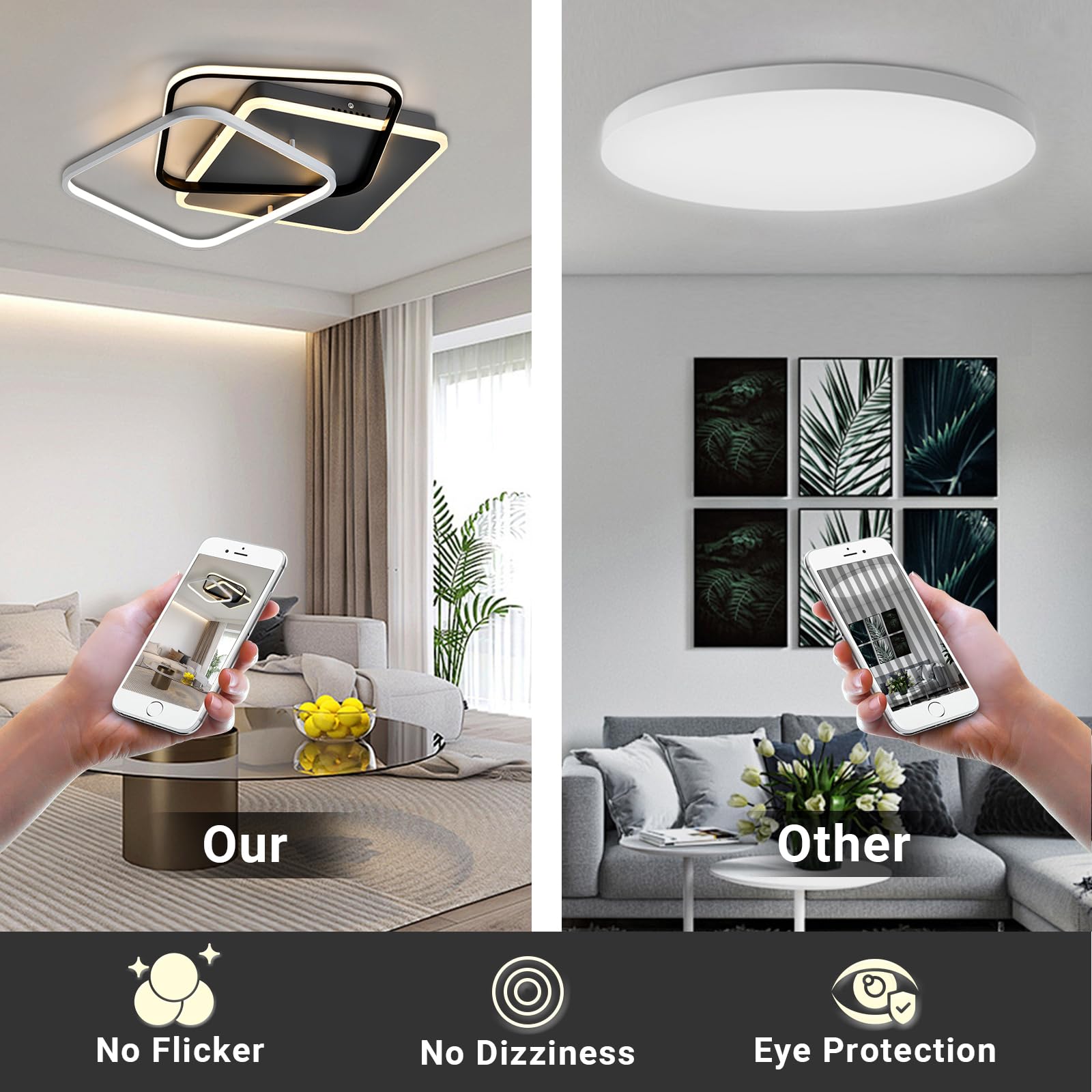 LED-Deckenleuchte an der Decke, im Vordergrund Smartphone mit Lichtvergleich