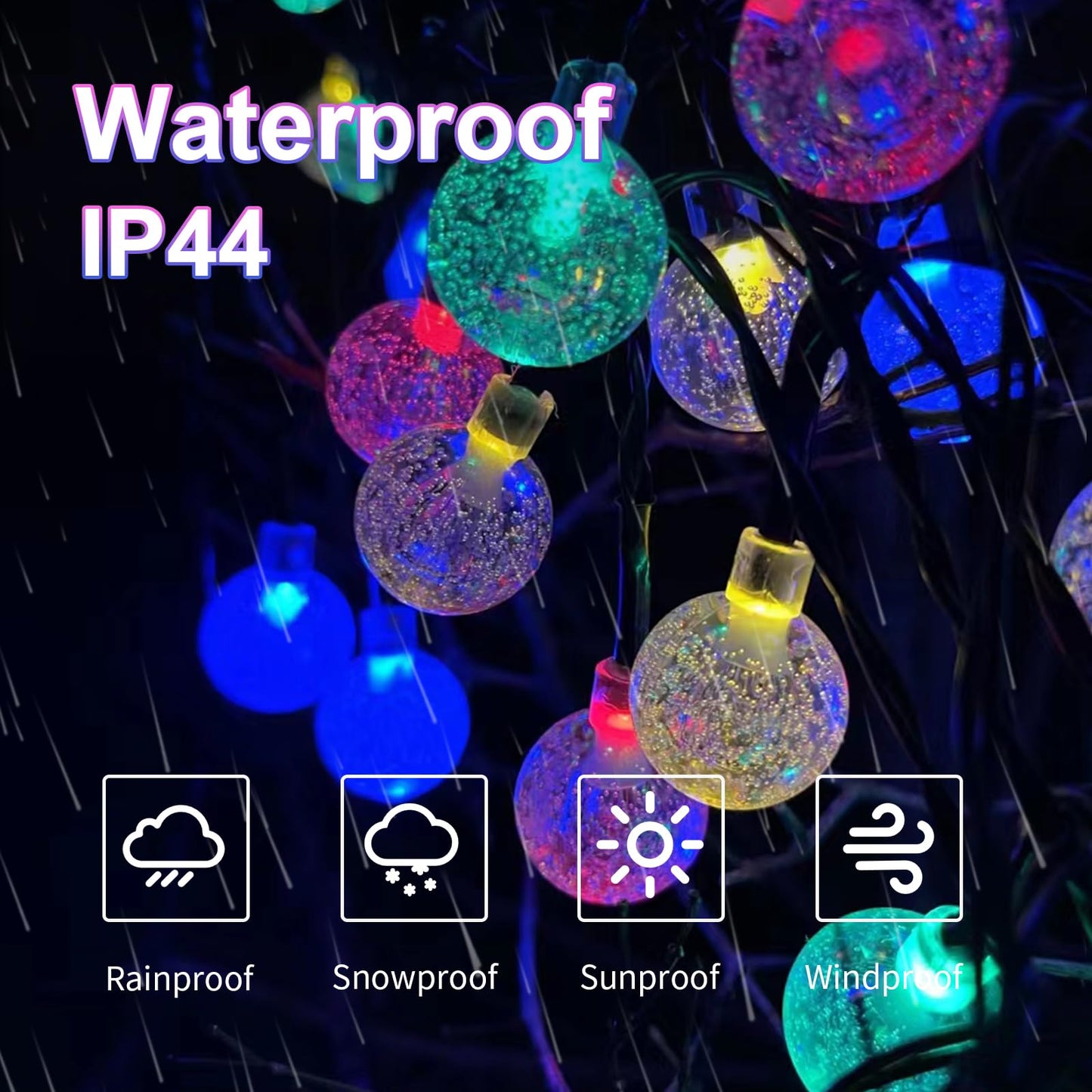 Solar-Lichterkette mit glitzernden Kristallkugeln, LEDs leuchten in mehreren Farben