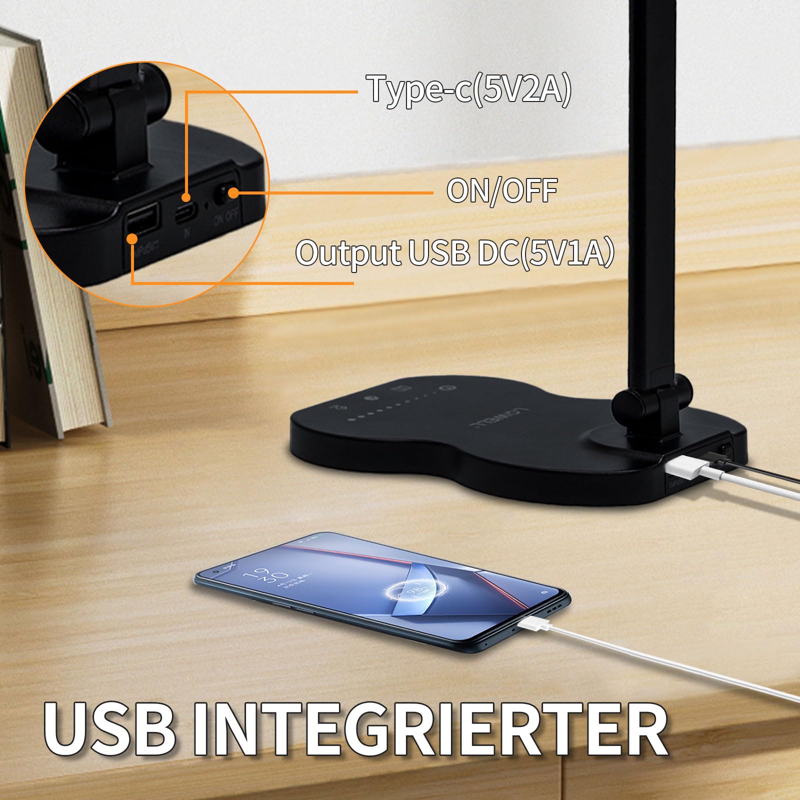 LED-Tischlampe mit Standfuß und integriertem USB-Anschluss, schwarzer Lampenkörper
