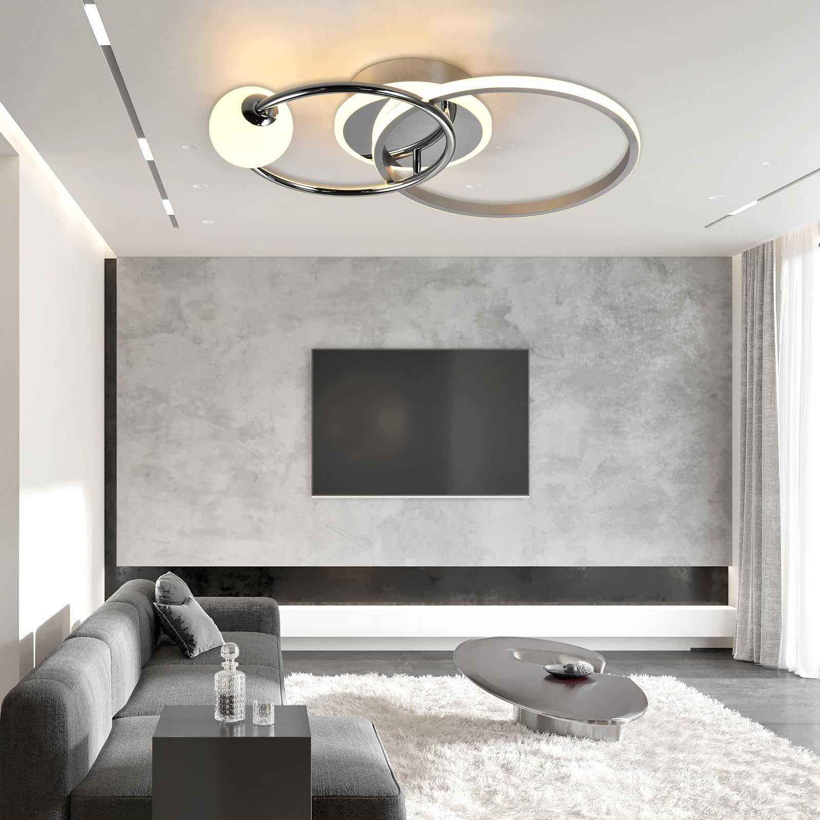 LED-Deckenleuchte für die Decke, ovaler Ring und Chrom-Einsatz über dem Sofa