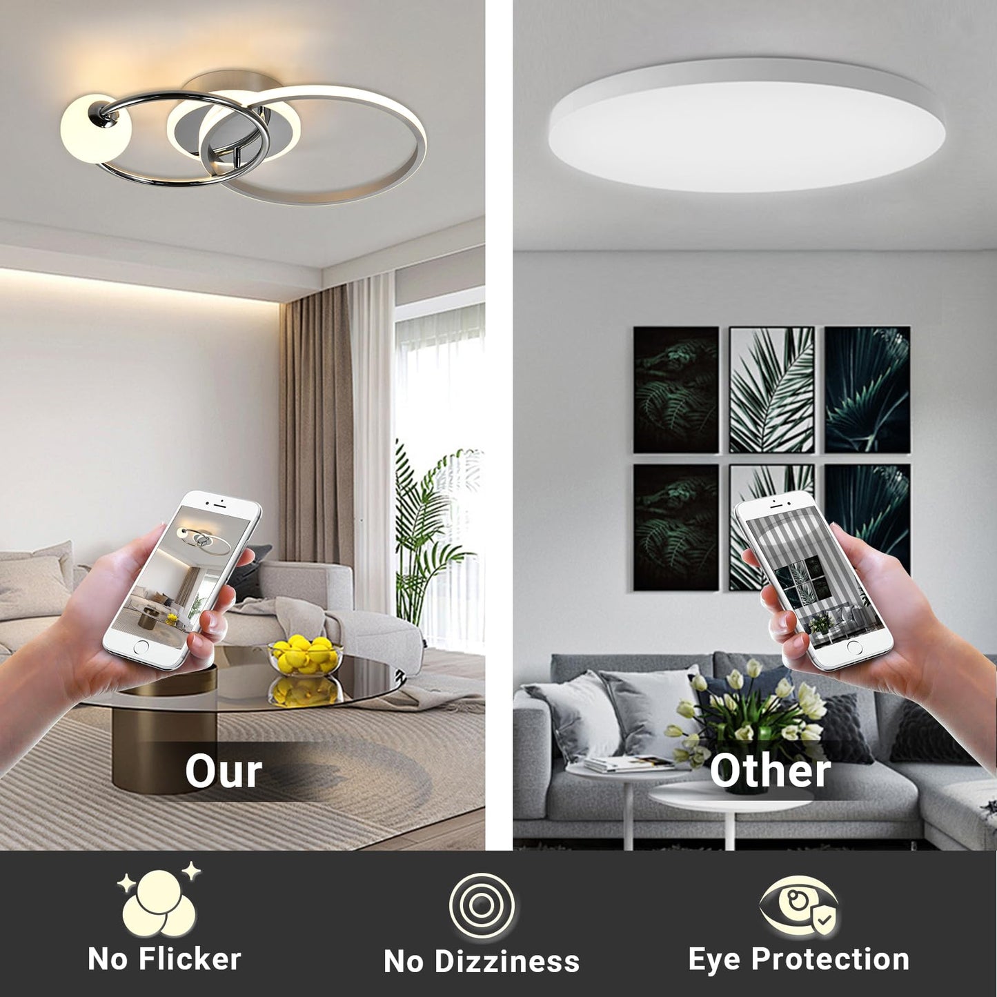LED-Deckenleuchte mit App-Steuerung per Smartphone, ringförmiger Aufbau in Chrom und Weiß