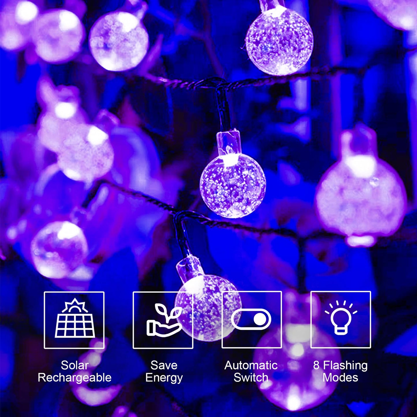 Solar-Lichterkette mit violetten Glaskugel-LEDs, Solarbeleuchtung für außen
