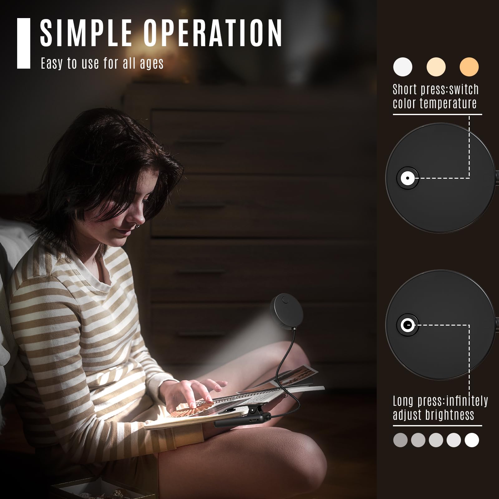 Leselampe mit rundem LED-Kopf, Kind liest am Tisch und nutzt die Beleuchtung