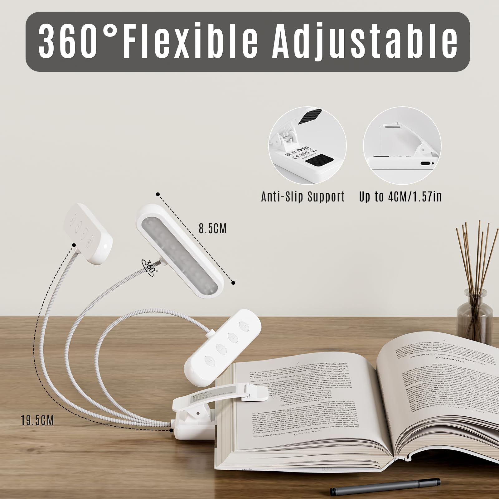 Weiße 360°-flexible Clip-Leselampe mit rutschfester Unterseite und ausklappbarem Arm