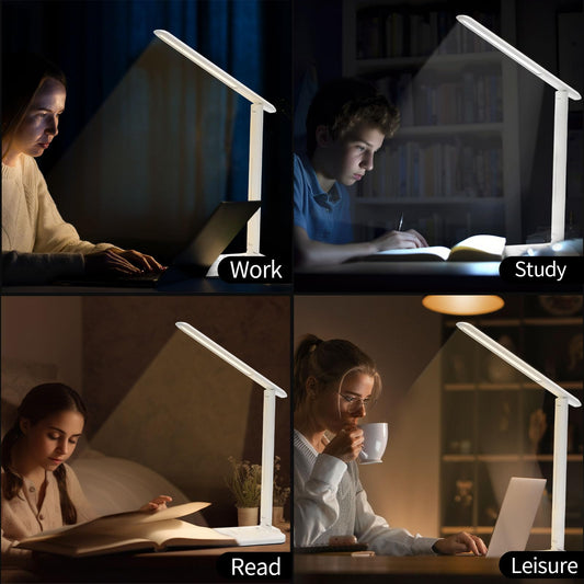 LED-Schreibtischlampe, weißer Leuchtstab über dem Tisch; mehrere Beleuchtungsansichten.