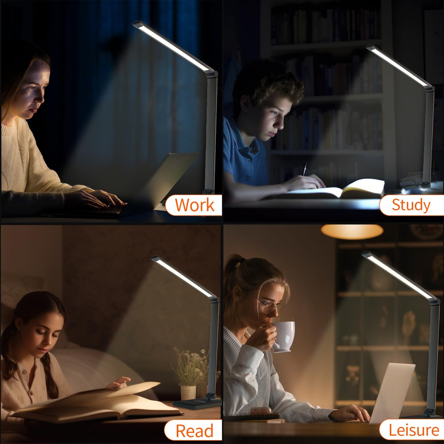LED-Schreibtischlampe mit beleuchteter Leiste und Touch-Bedienfeld am Sockel