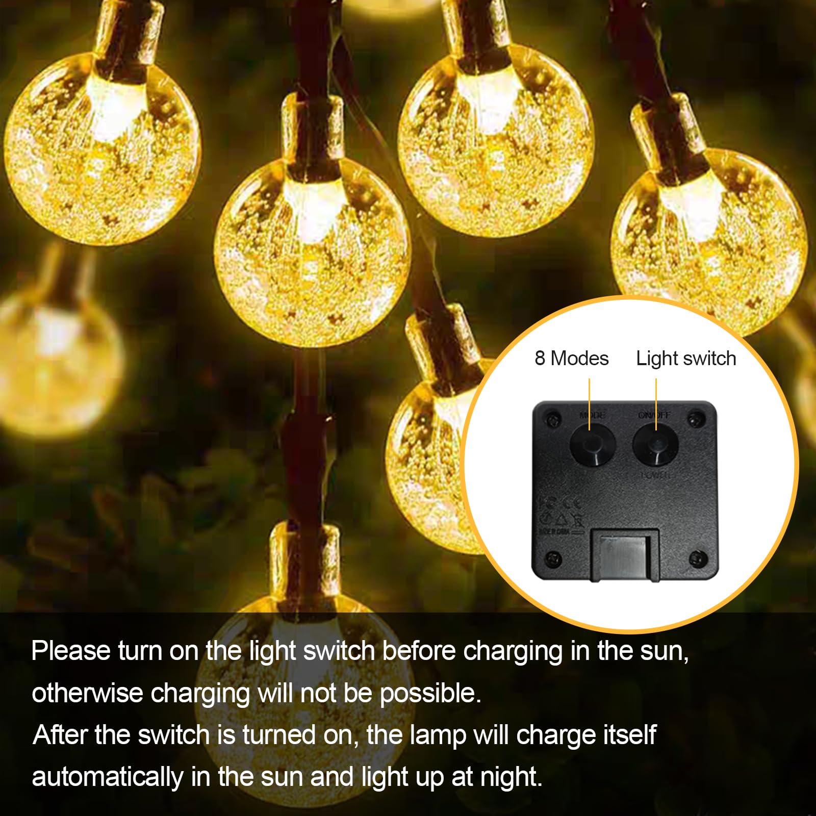 Solar-Lichterkette mit goldenen Glaskugeln und integriertem Schalter am Kabel