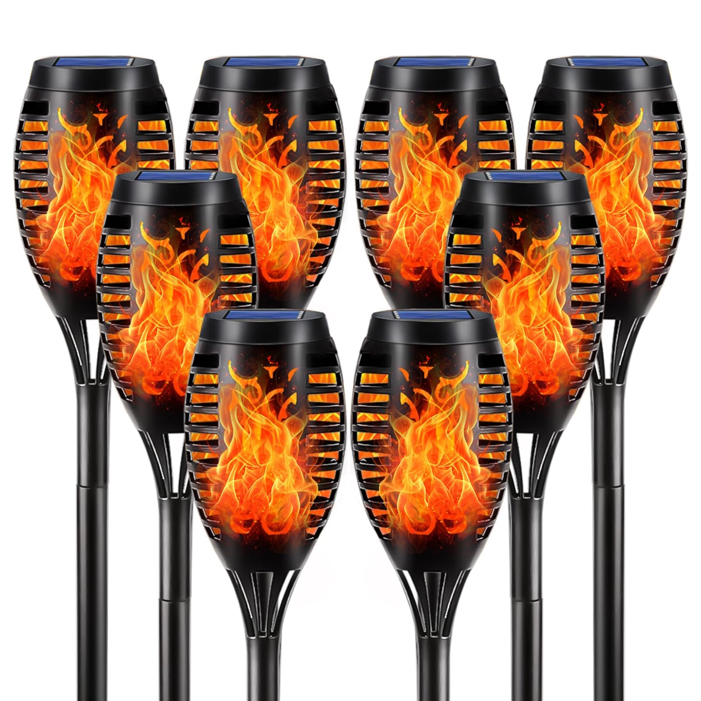 Solar-Fackellicht-Set: 8 schwarze Außenleuchten mit Flammeneffekt und blauer Solaroberseite
