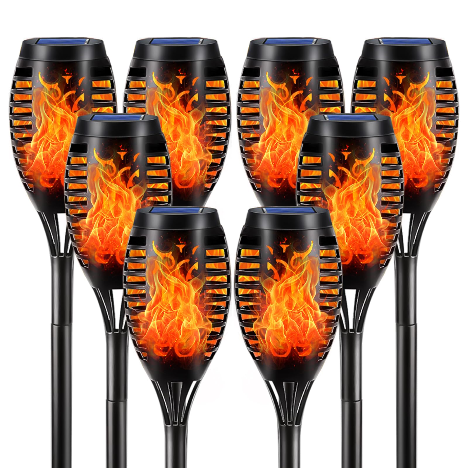 Solar-Fackellicht-Set: 8 schwarze Außenleuchten mit Flammeneffekt und blauer Solaroberseite