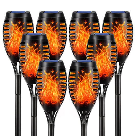 Solar-Fackellicht-Set: 8 schwarze Außenleuchten mit Flammeneffekt und blauer Solaroberseite