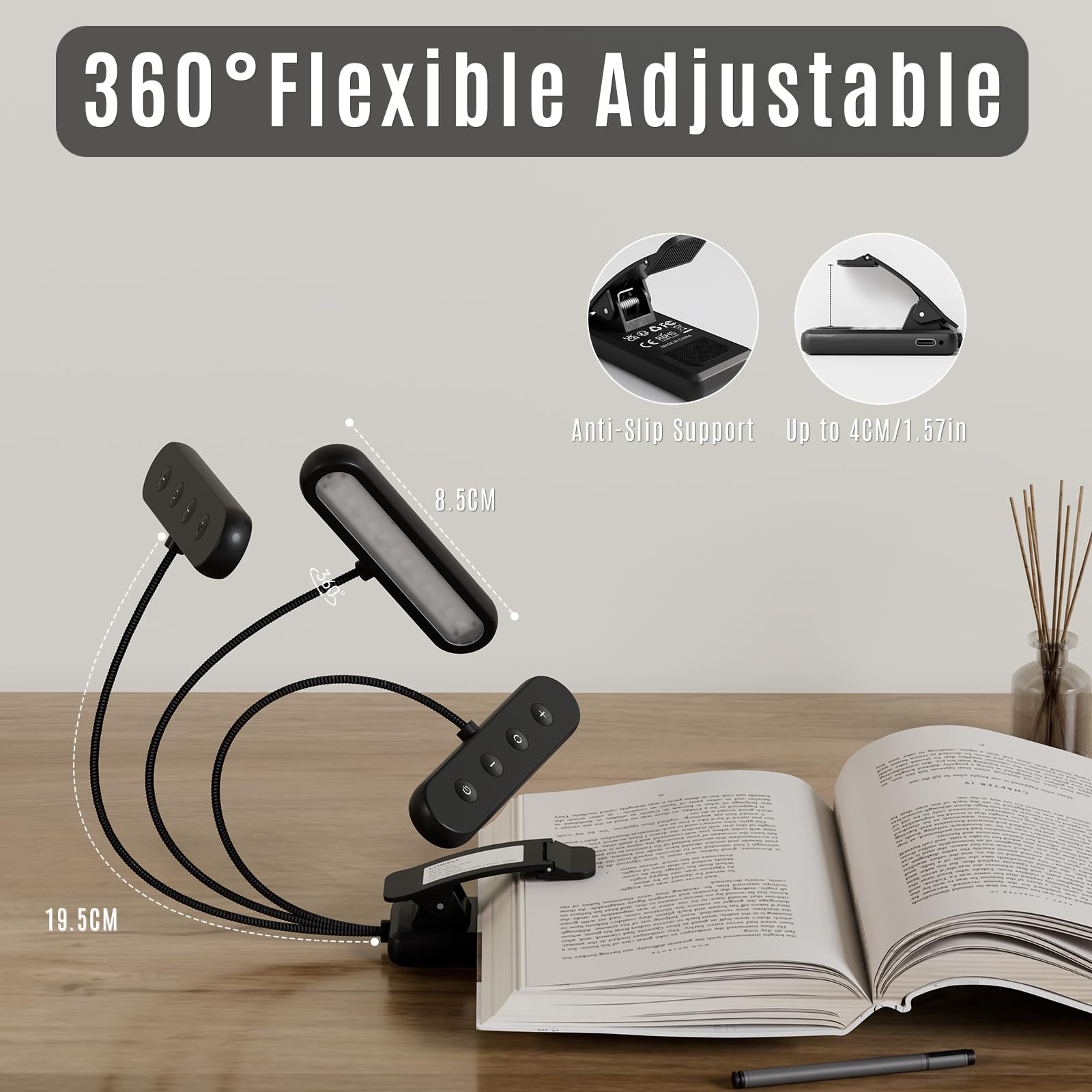 360° flexible Leselampe, verstellbarer Leuchtenkopf und Clip, Schwarz