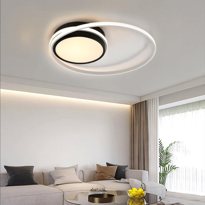 Runde LED-Deckenleuchte, flach an der Decke: schwarzer Innenring, weißer Rahmen