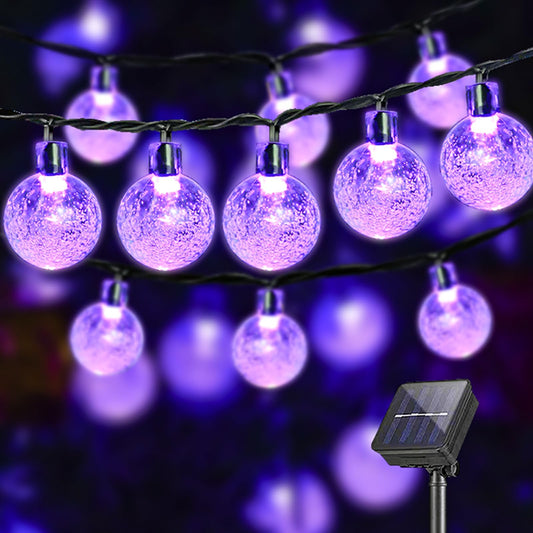 Solar-Lichterkette mit violetten Glaskugel-LEDs, 15 Lämpchen
