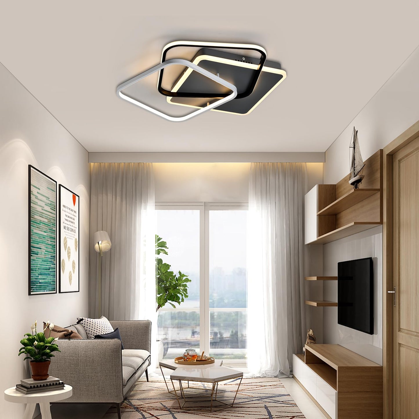 LED-Deckenleuchte über Wohnbereich, quadratischer Rahmen in Schwarz und Weiß
