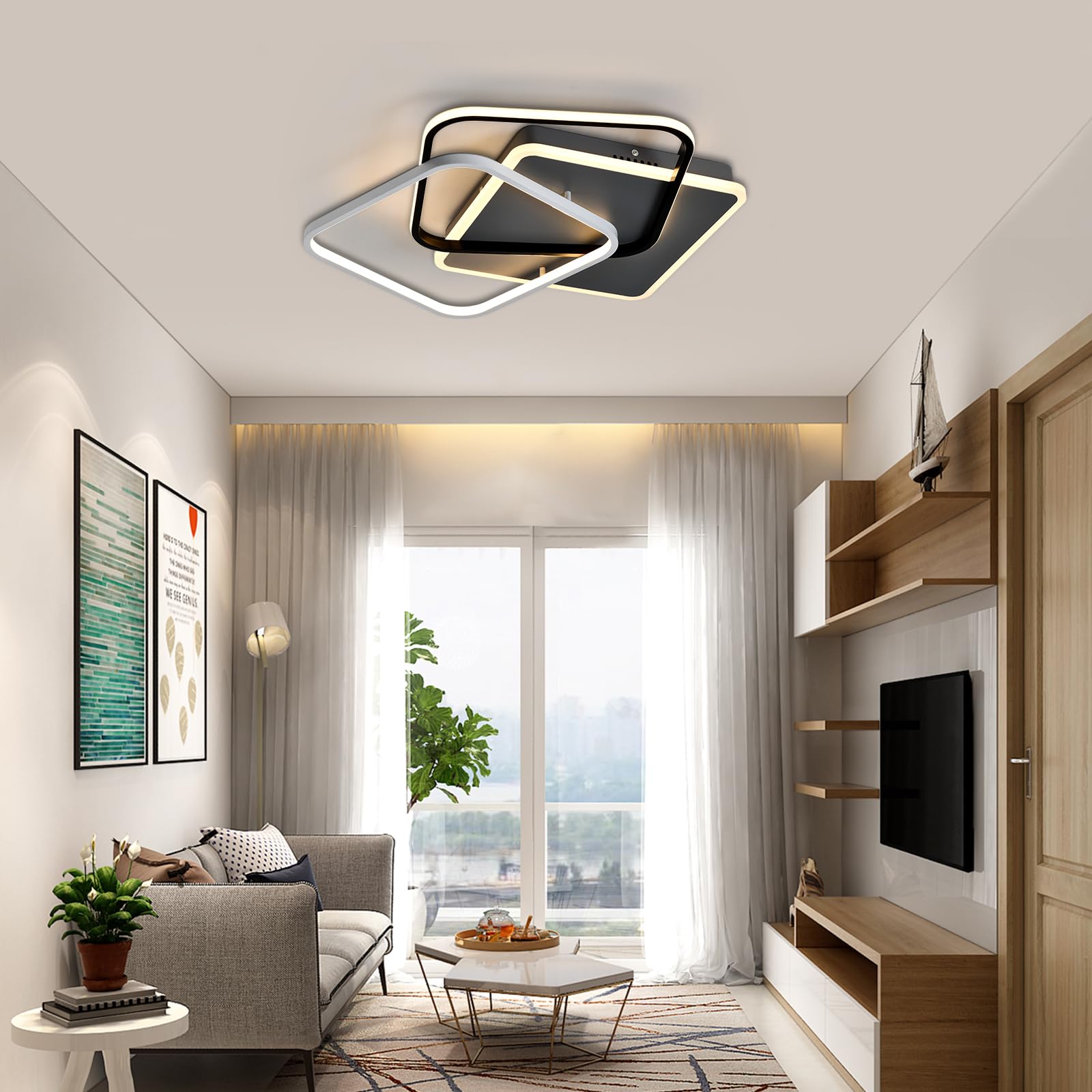 LED-Deckenleuchte über Wohnbereich, quadratischer Rahmen in Schwarz und Weiß